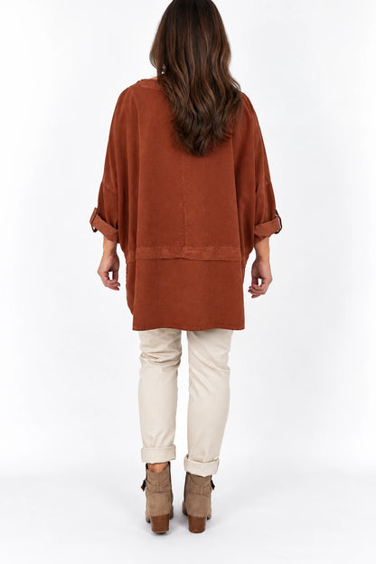 Pure Cotton Needlecord Button Sleeve Button Detail Riviera Top - Burnt Orange