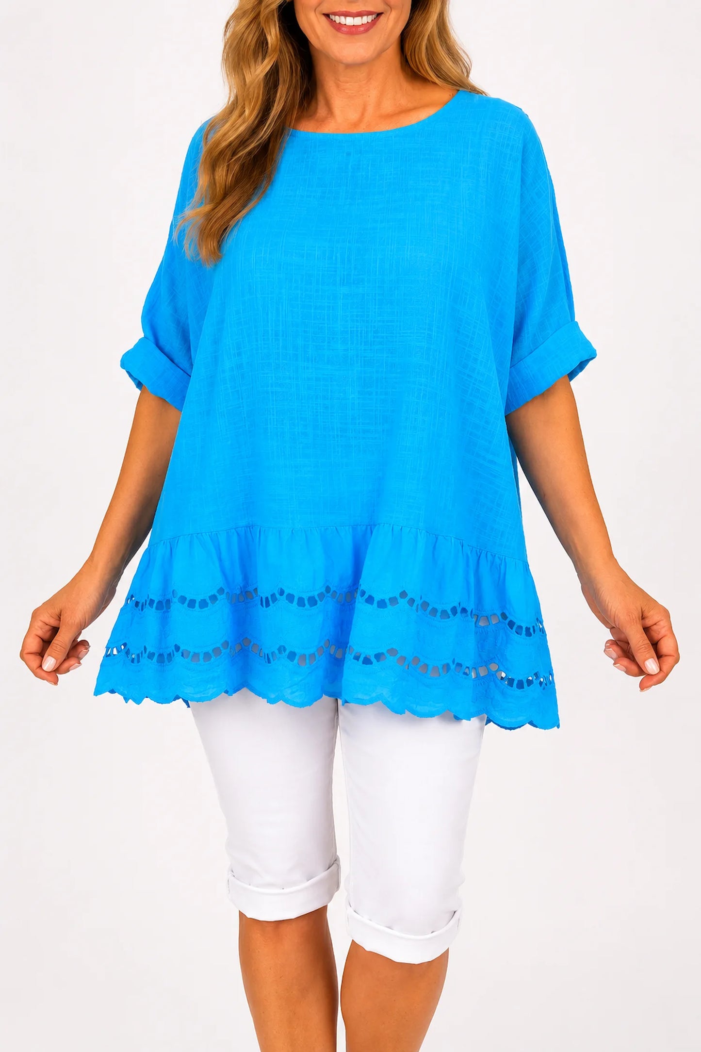 Pure Cotton Embroidery Anglaise Crochet Hem Caprina Top - Turquoise