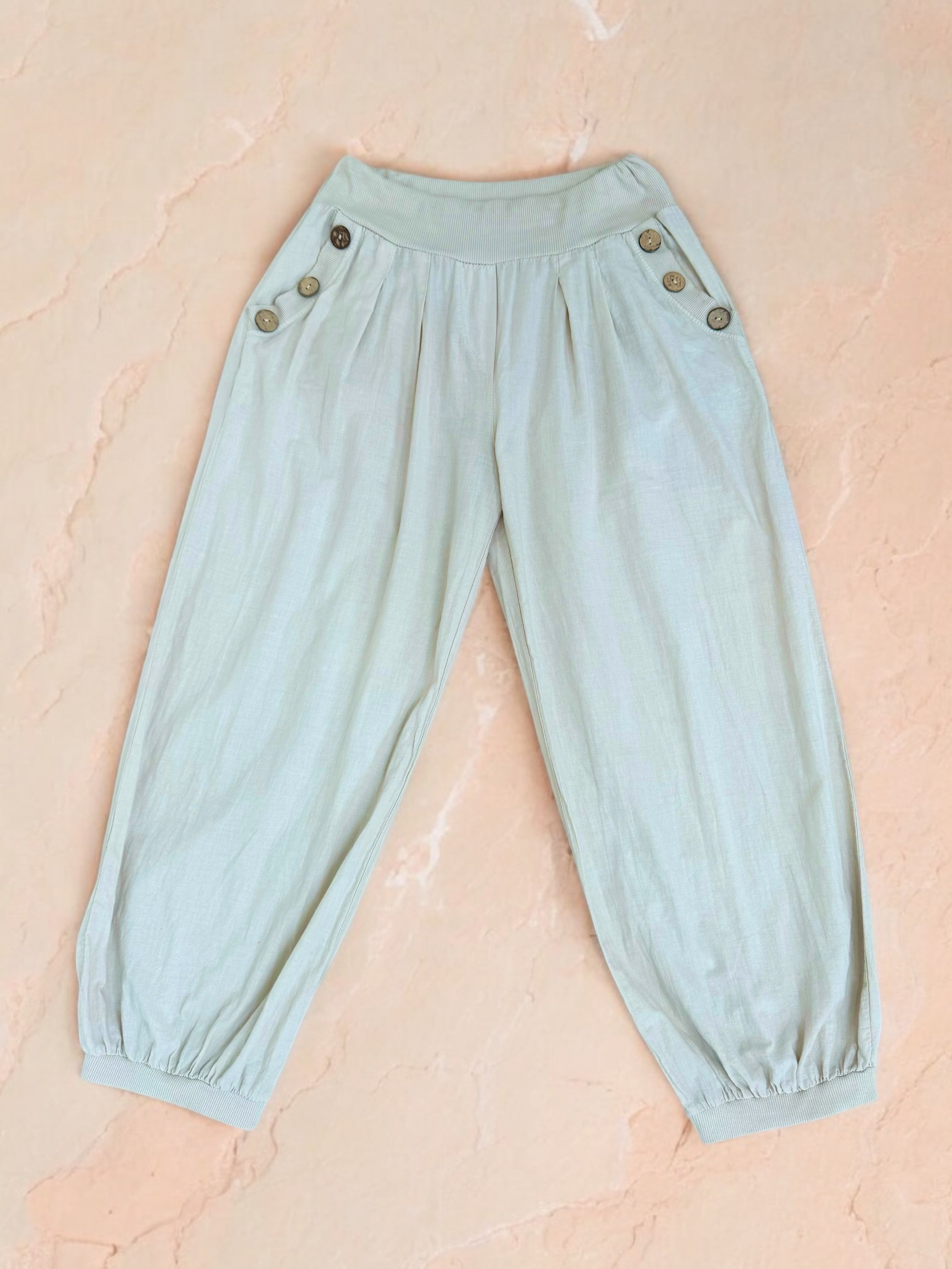 Cotton Button Pocket Elasticated Waist Pant - Beige