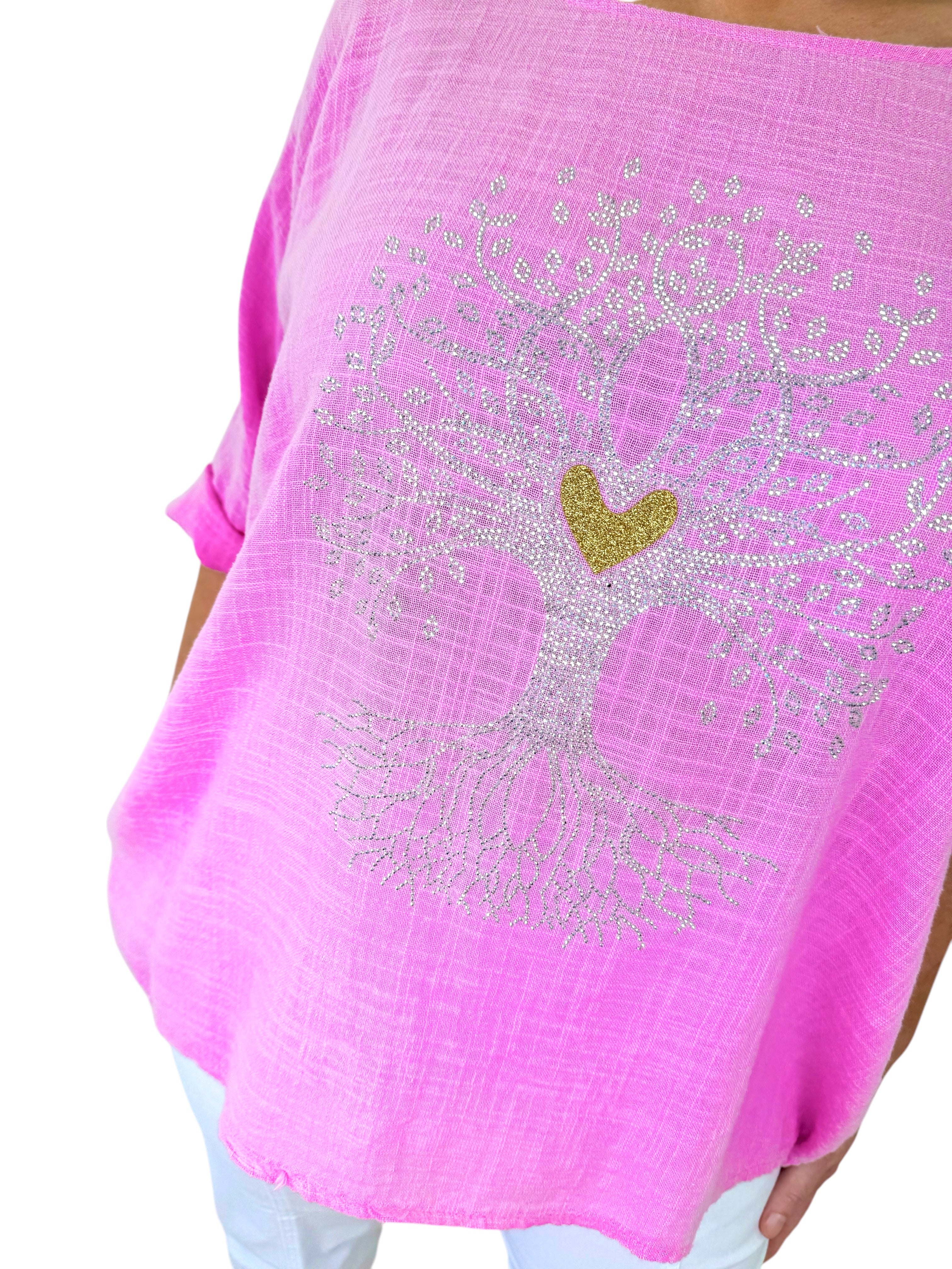 Pure Cotton Diamanté Love Tree Top - Baby Pink