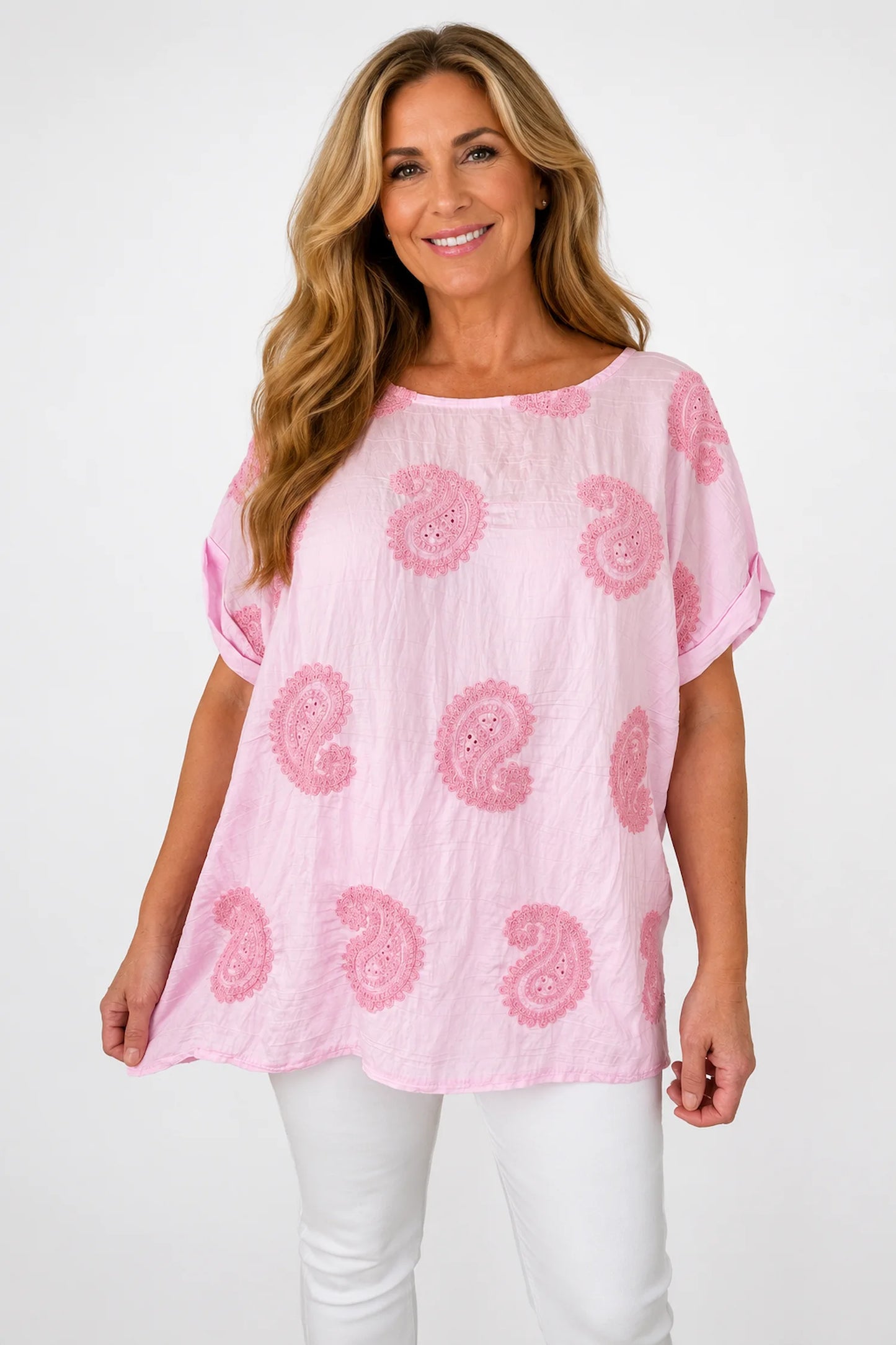 Embroidered Paisley Lightly Textured Eliza Top - Baby Pink