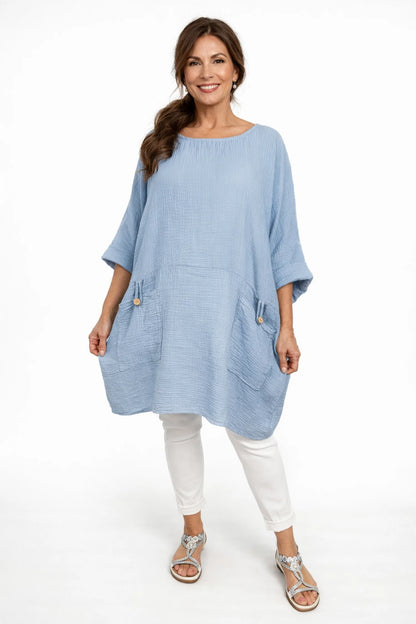 Bubble Cotton Double Button Pocket Tunic Top - Baby Blue