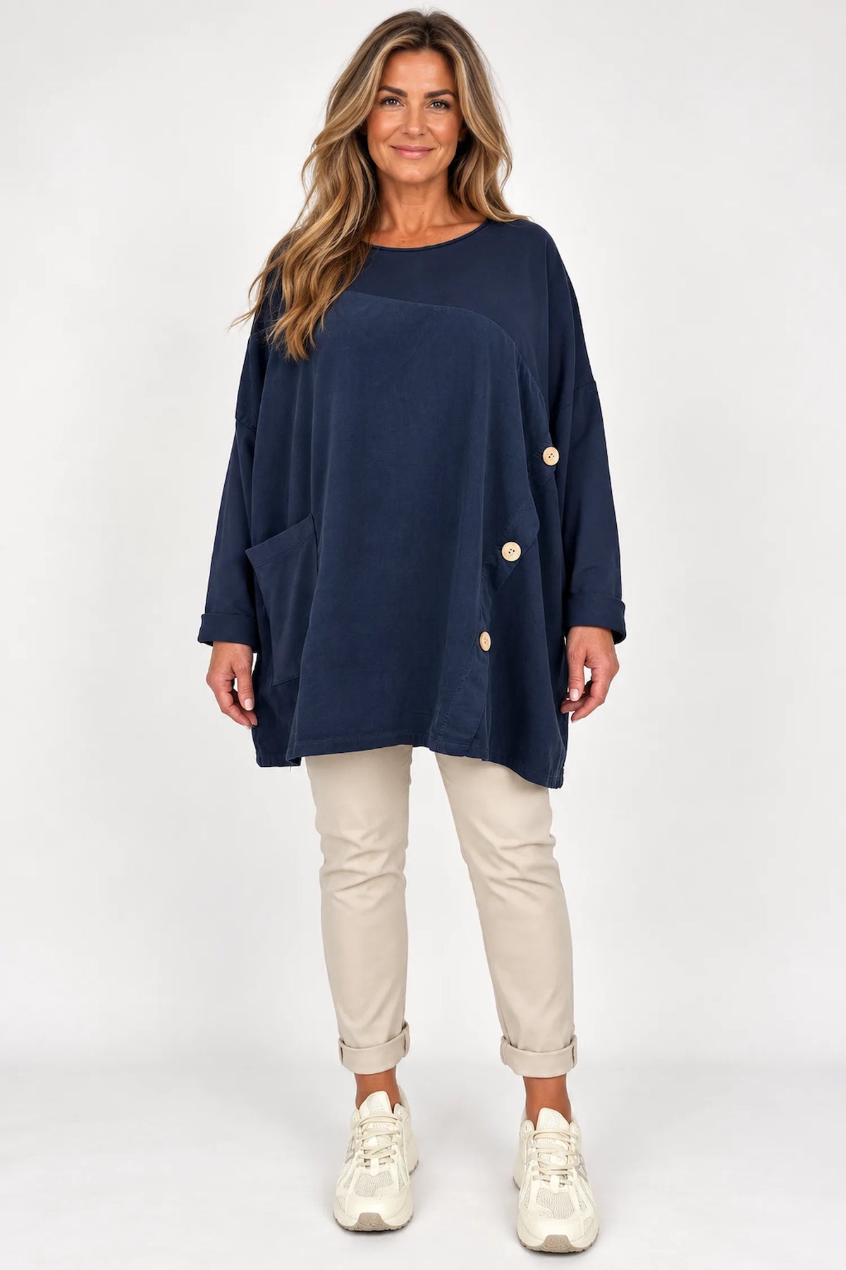 Cotton Fine Needlecord Patch Button Detail Fern Pocket Top - Navy