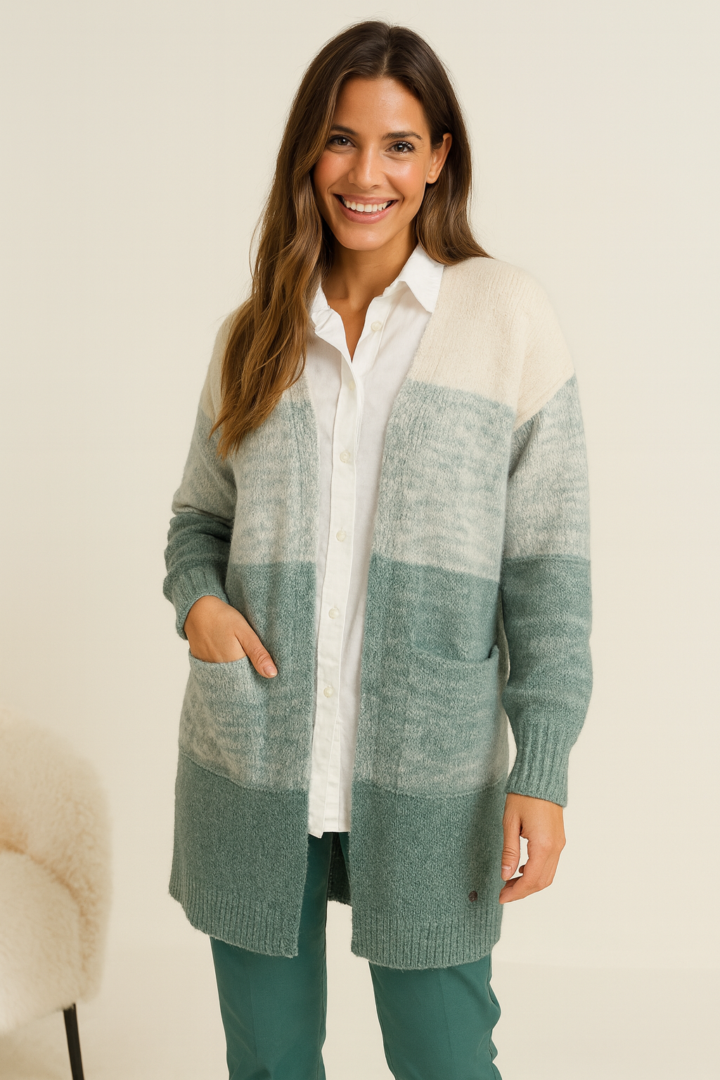 Wool Mix Double Pocket Oxford Cardigan - Jade Green