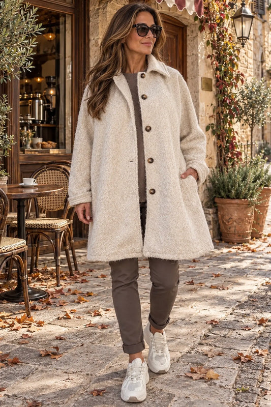 Wool Mix Brushed Double Pocket Arabella Button Coat - Beige