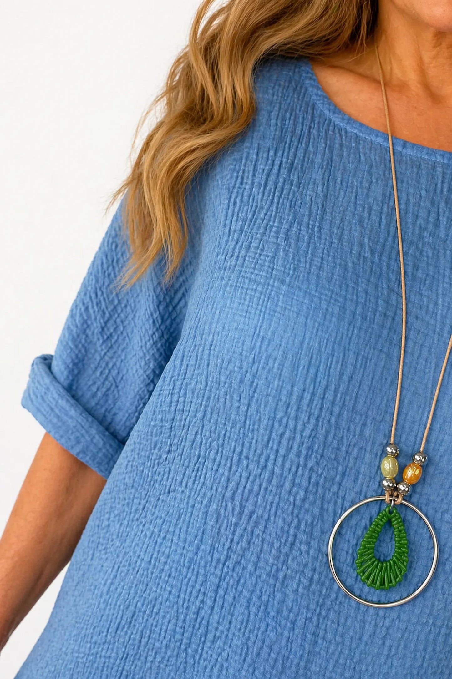 Lightweight Soft Crinkle Texture Lunae Necklace Top - Denim
