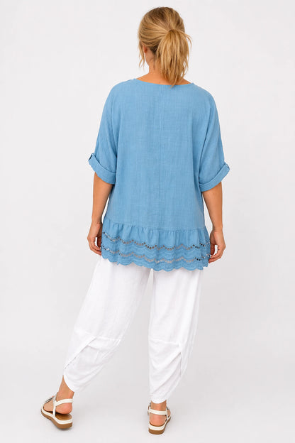 Pure Cotton Embroidery Anglaise Crochet Hem Caprina Top - Denim