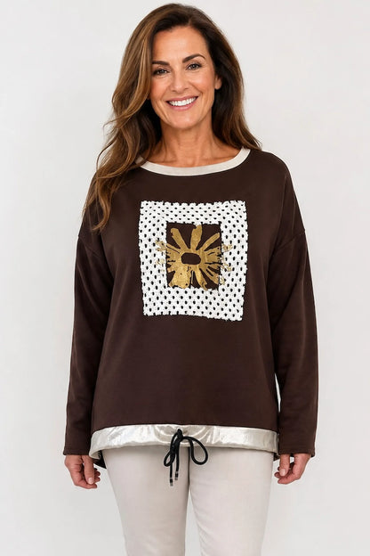Gold Trim Tied Hem Vienna Top - Chocolate