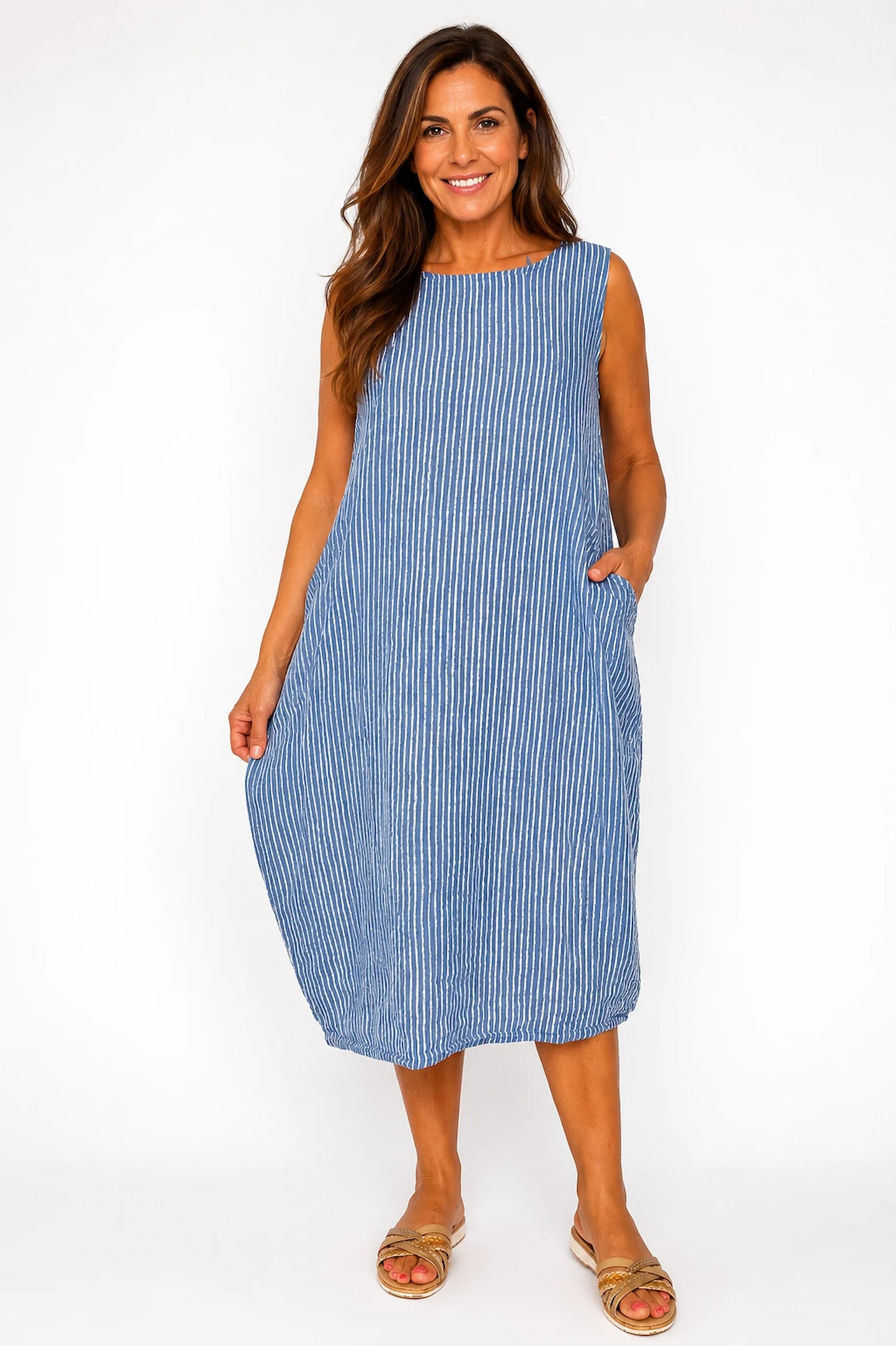 Cotton Double Pocket Pinstripe Elizabeth Dress - Denim