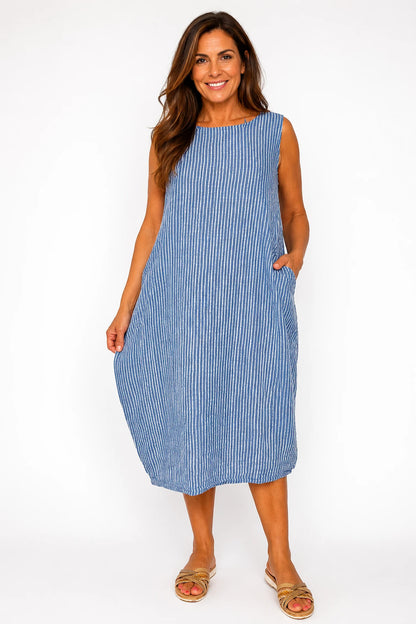 Cotton Double Pocket Pinstripe Elizabeth Dress - Denim