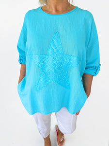 Cotton Sparkle Star Siana Button Sleeve Batwing Top - Turquoise