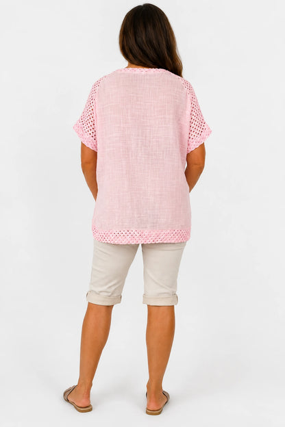 Pure Cotton Crochet Detail Button Pocket Palermo Top - Baby Pink