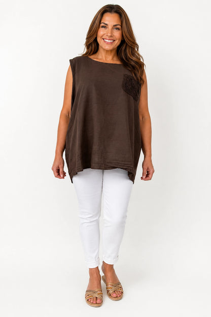 Linen Cotton Mix Button Back Embroidered Crochet Pocket Primrose Vest - Chocolate