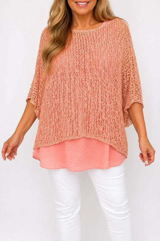 Amelia Ikat Premium Stitch Batwing Crochet - Salmon