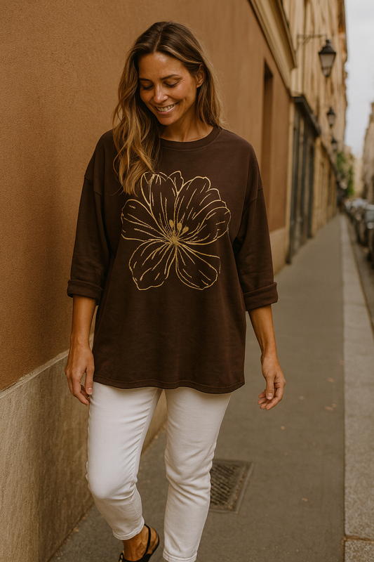 Light Weight Golden Diamanté Clover Pari Top - Chocolate