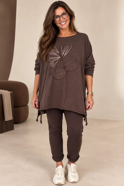 Cotton Embroidered Gold Sequin Floral Manica Tied Hem Top - Chocolate
