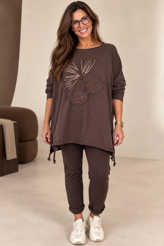 Cotton Embroidered Gold Sequin Floral Manica Tied Hem Top - Chocolate