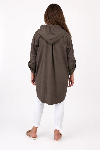 Cotton Double Flap Pocket Button Sleeve Izzy Hooded Overshirt - Chocolate