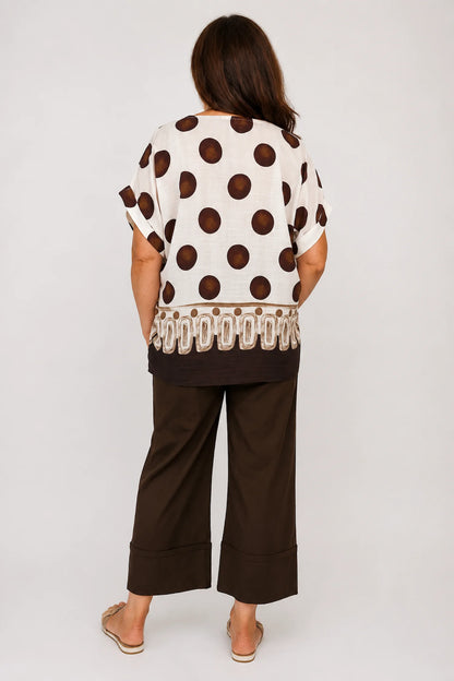 Stretch Wide Leg Capri Double Pocket Cuff Trouser - Chocolate