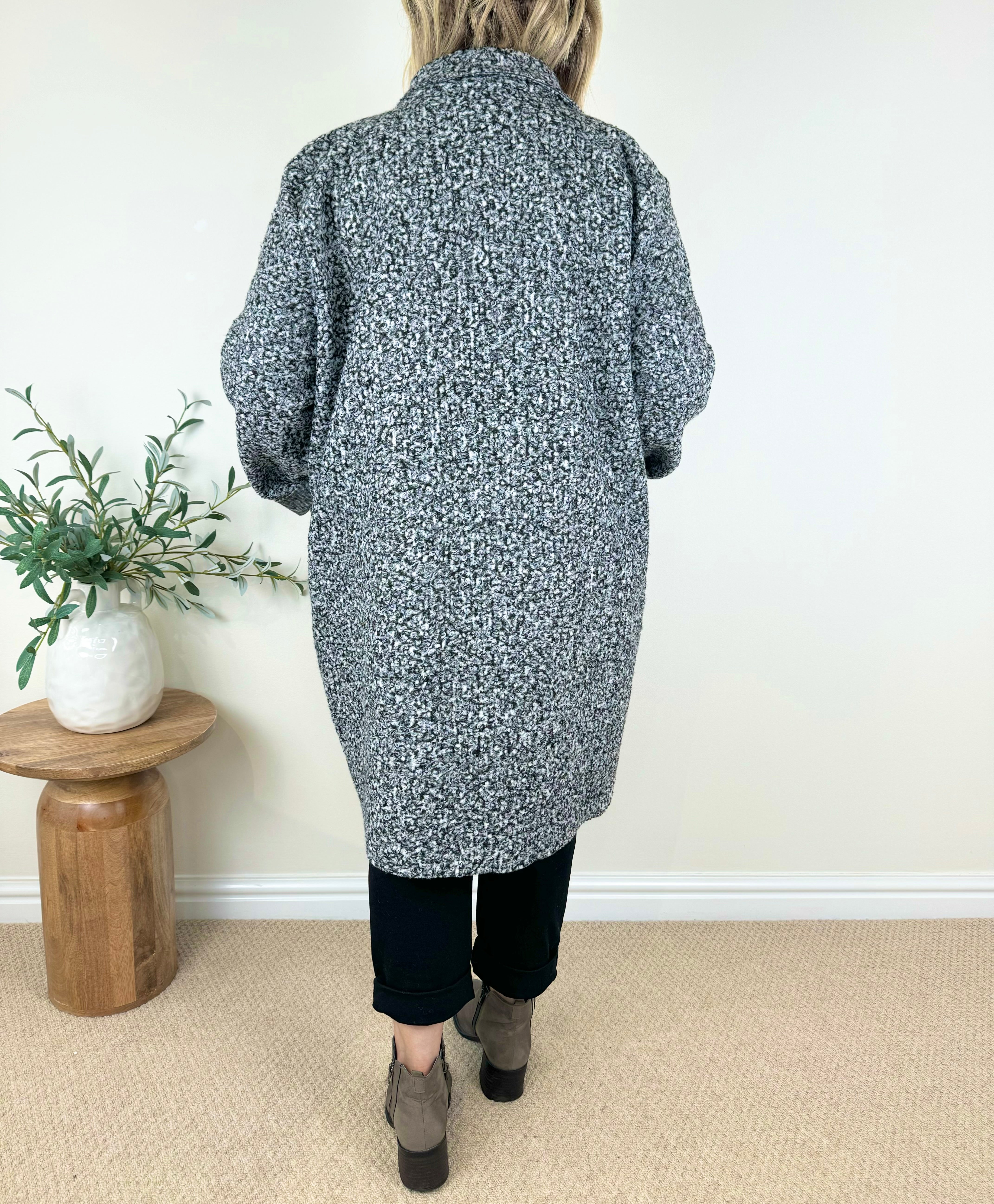 Wool Mix Long Line Double Pocket Teddy Button Coat AW24