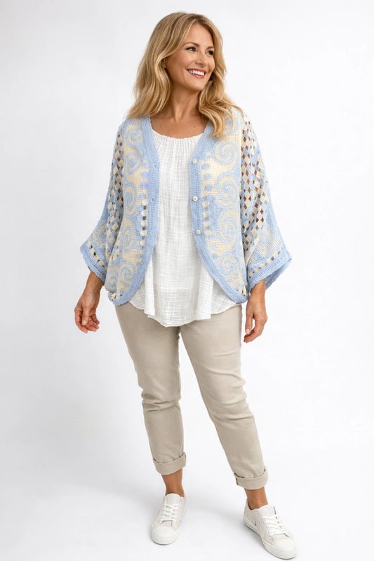 Pure Cotton Paola Button Crochet Cardigan - Baby Blue