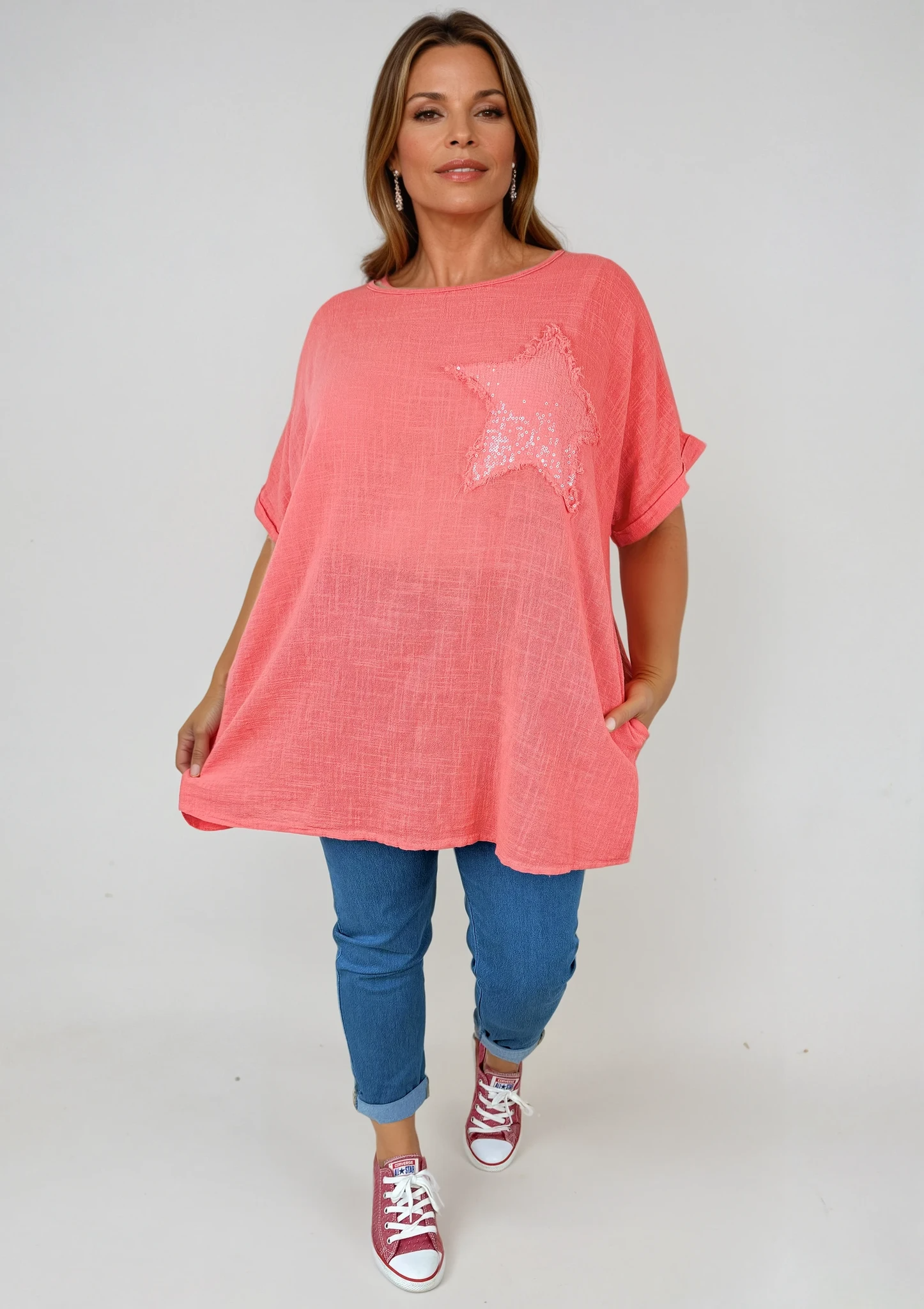 Pure Cotton Double Pocket Siana Sparkle Star Top - Coral