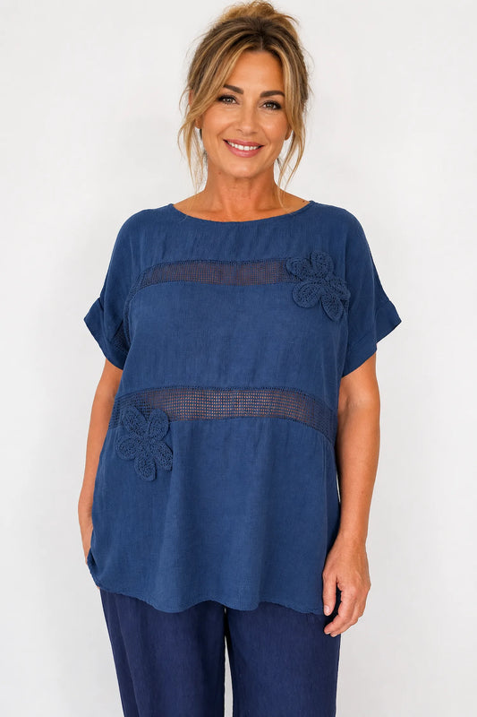 Pure Cotton Embroidered Flower Mesh Detail Capari Top - Navy