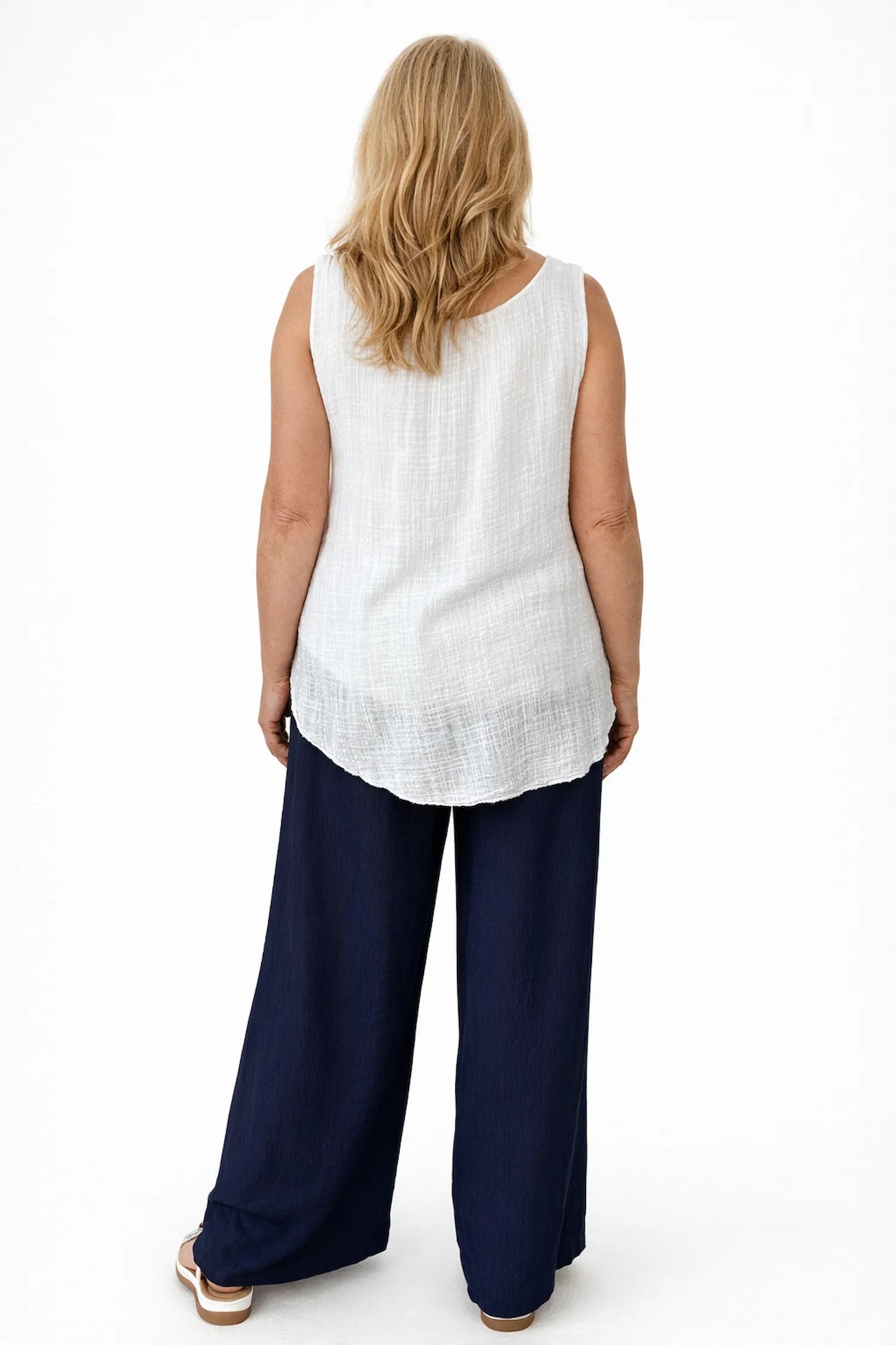 Elasticated Smocked Waist Patch Pocket Milan Wide Leg Pants - Navy