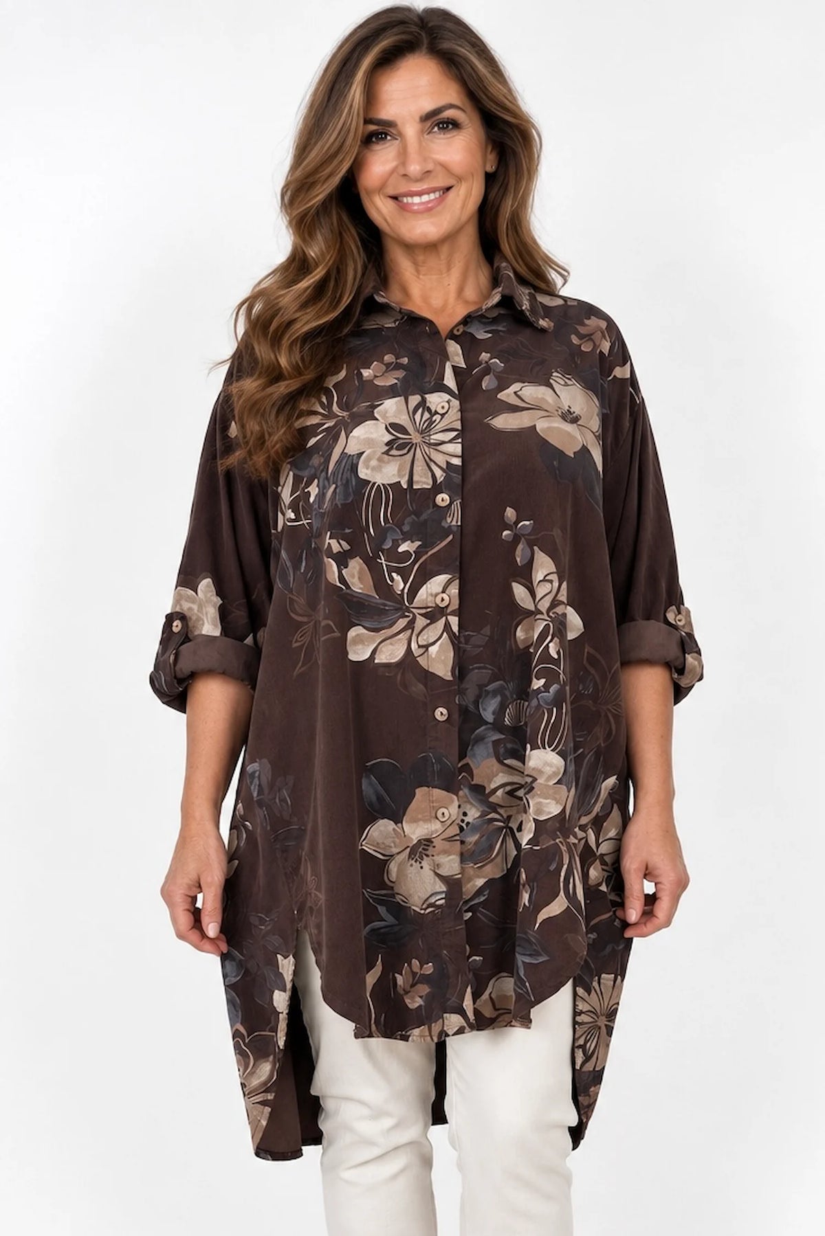 Pure Cotton Needlecord Button Sleeve Dorsia Button Shirt - Chocolate