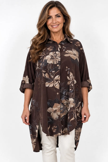 Pure Cotton Needlecord Button Sleeve Dorsia Button Shirt - Chocolate