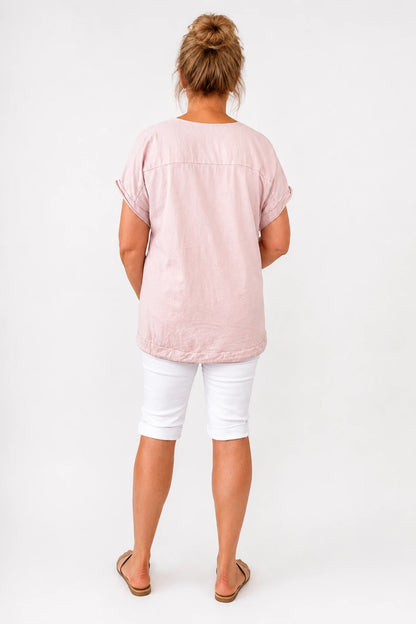 Cotton Drawstring Hem Embroidered Floral Marella Top - Sunwashed Pink