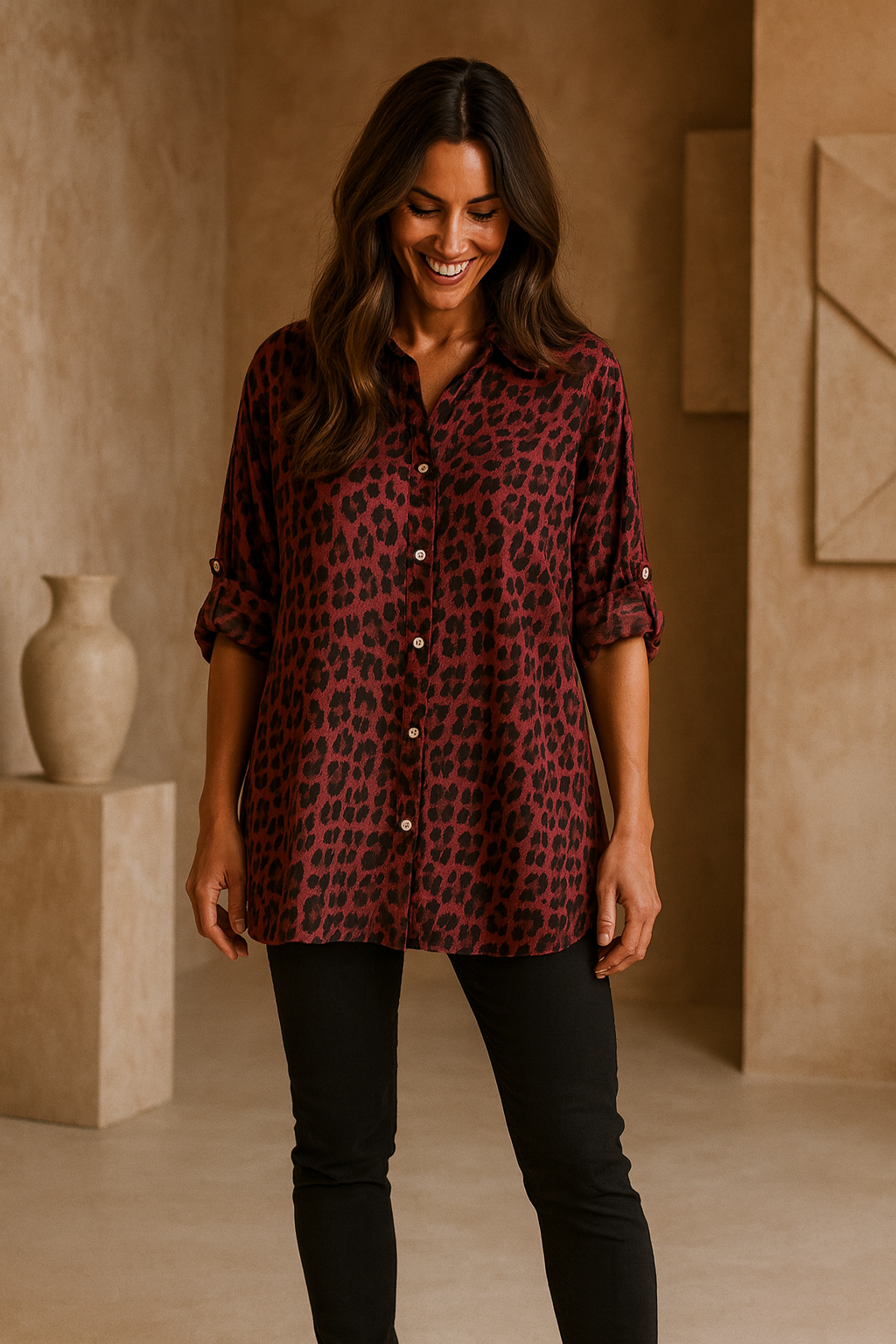 Premium Stitch Button Sleeve Lexi Leopard Print Shirt - Blackberry