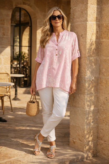 Linen Look Cotton Button Sleeve Ivy Button Shirt - Baby Pink