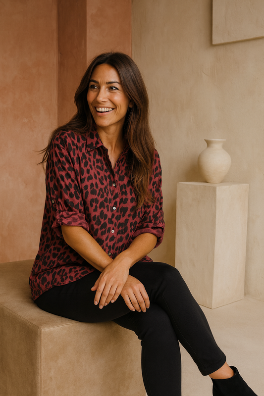 Premium Stitch Button Sleeve Lexi Leopard Print Shirt - Blackberry