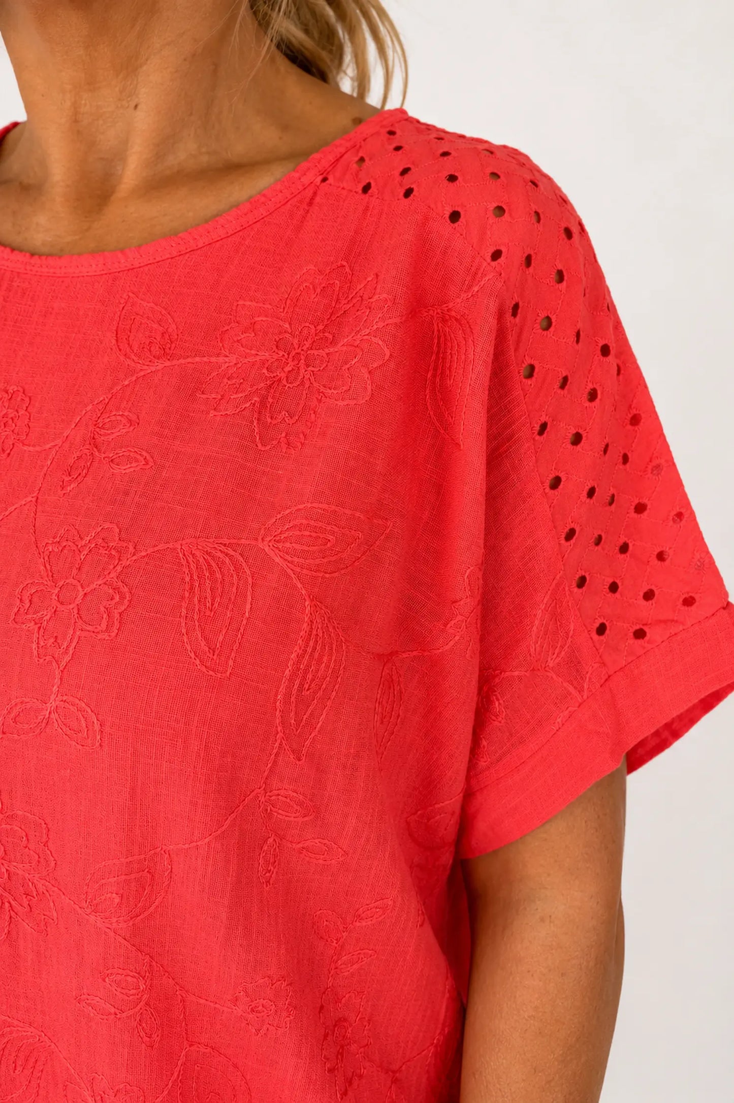 Pure Cotton Embroidery Anglaise Crochet Sleeve Devure Top - Coral