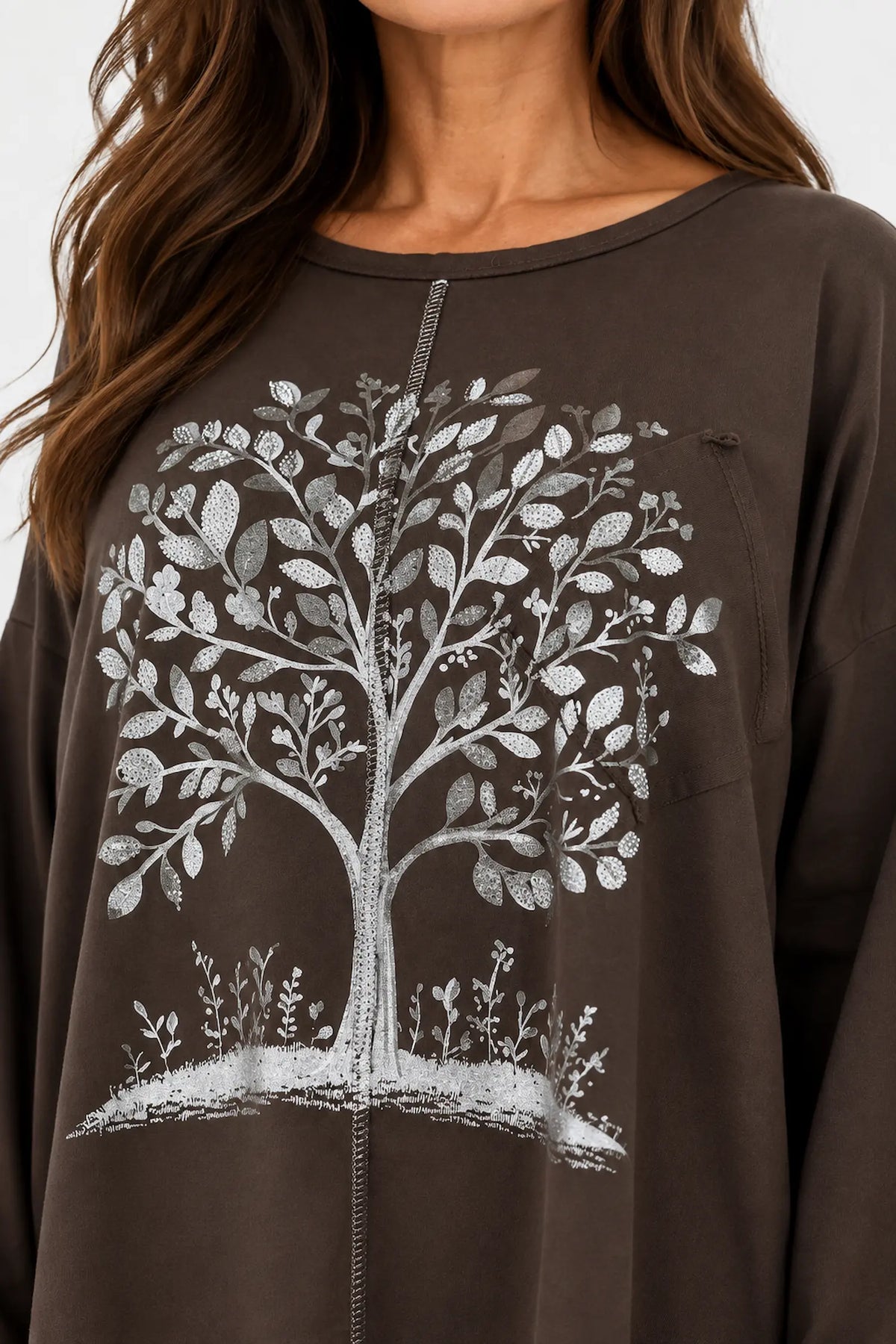 Cotton Diamanté Florence Tree Pocket Detail Tied Side Top - Chocolate