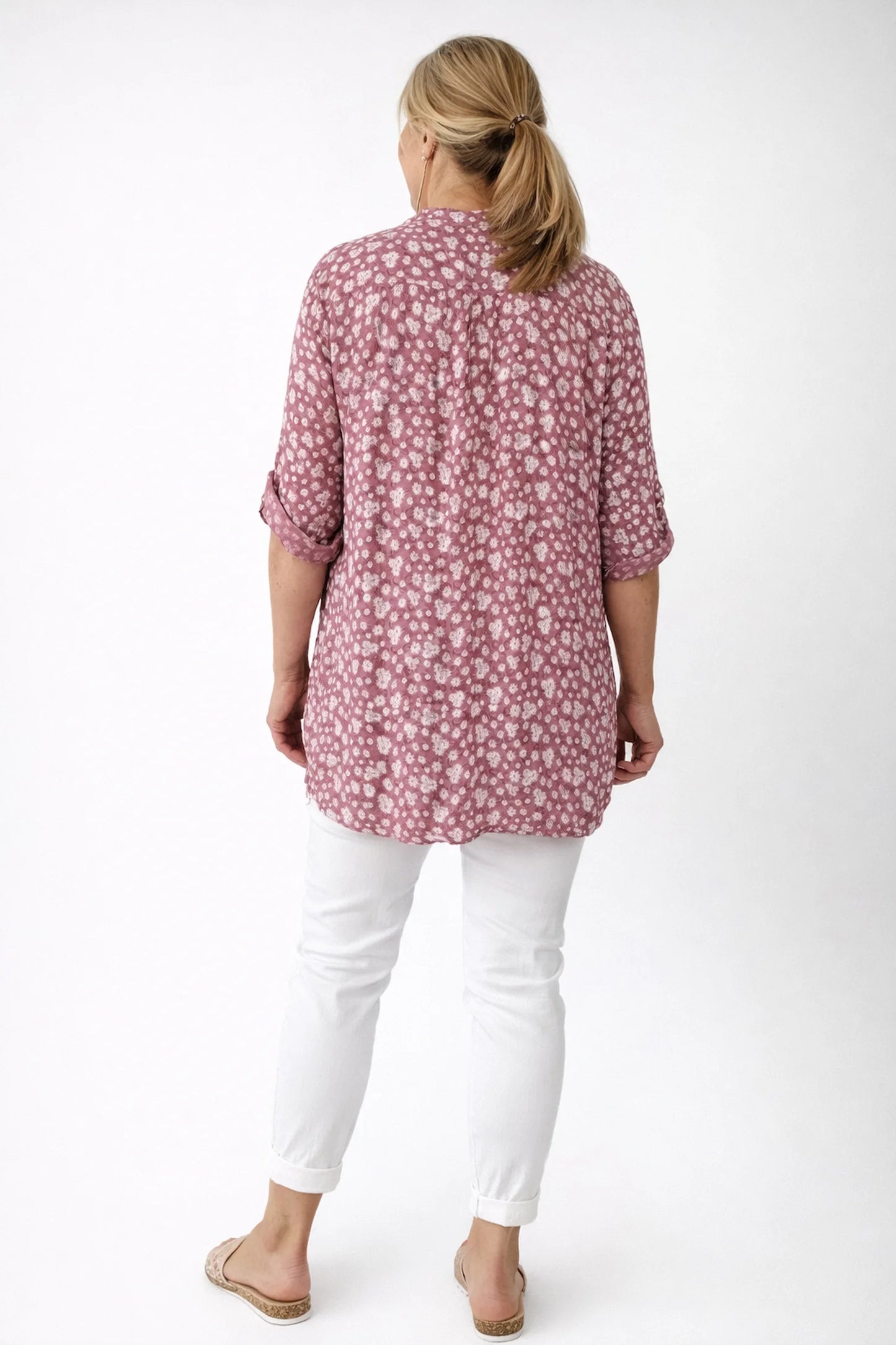 Linen Look Cotton Button Sleeve Daisy Button Shirt - Raspberry Ripple