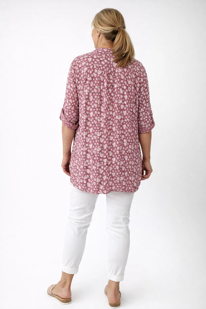 Linen Look Cotton Button Sleeve Daisy Button Shirt - Raspberry Ripple