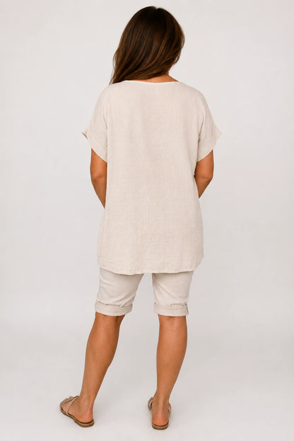 Pure Cotton Embroidered Flower Mesh Detail Capari Top - Beige