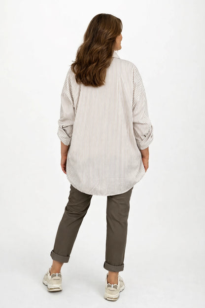 Cotton Button Sleeve Marnie Stripe Button Shirt - Beige