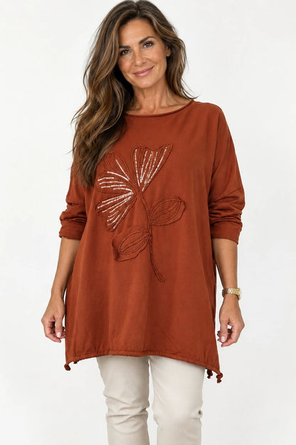 Cotton Embroidered Gold Sequin Floral Manica Tied Hem Top - Sunset Orange