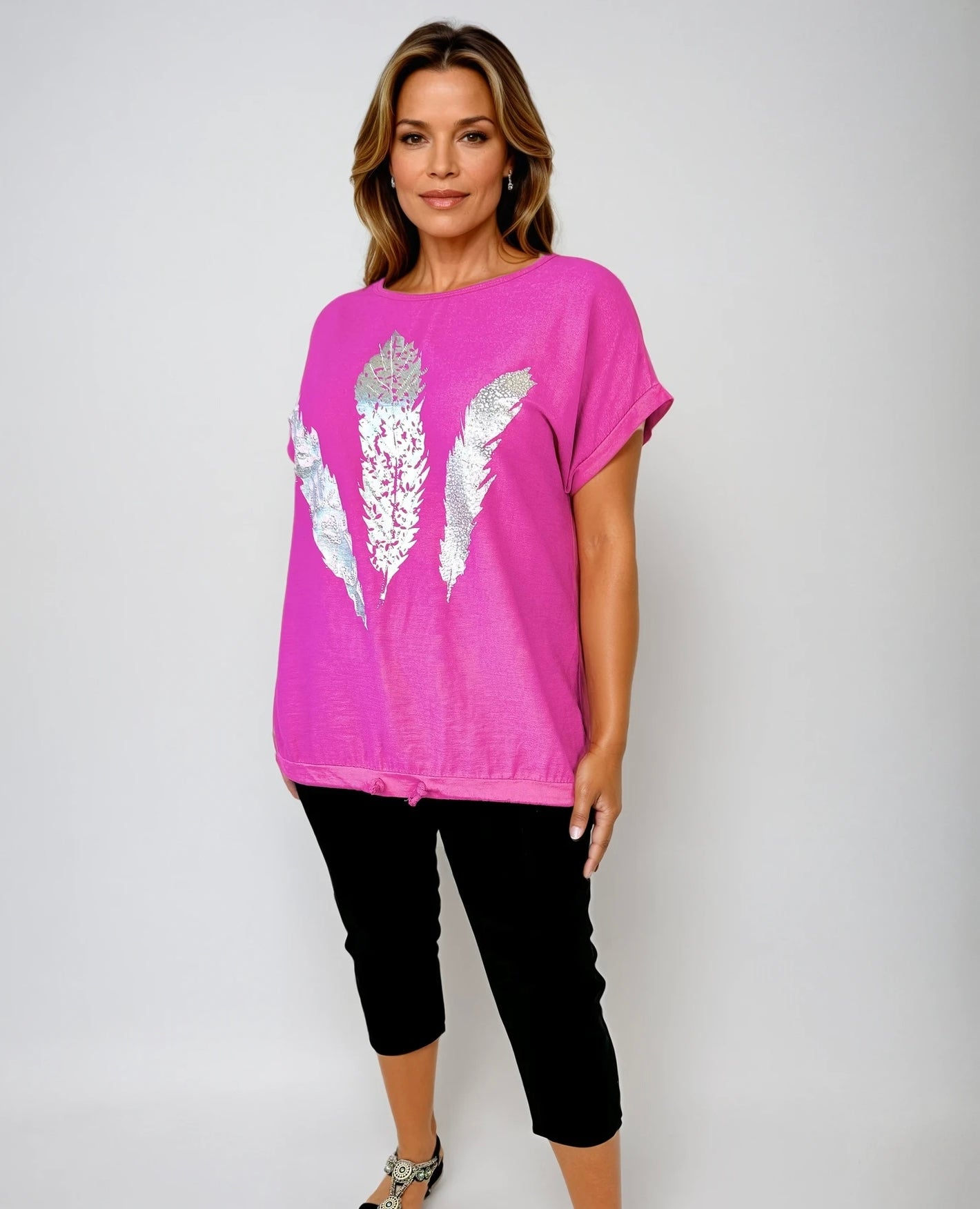 Cotton Metallic Feather Top - Lipstick Pink