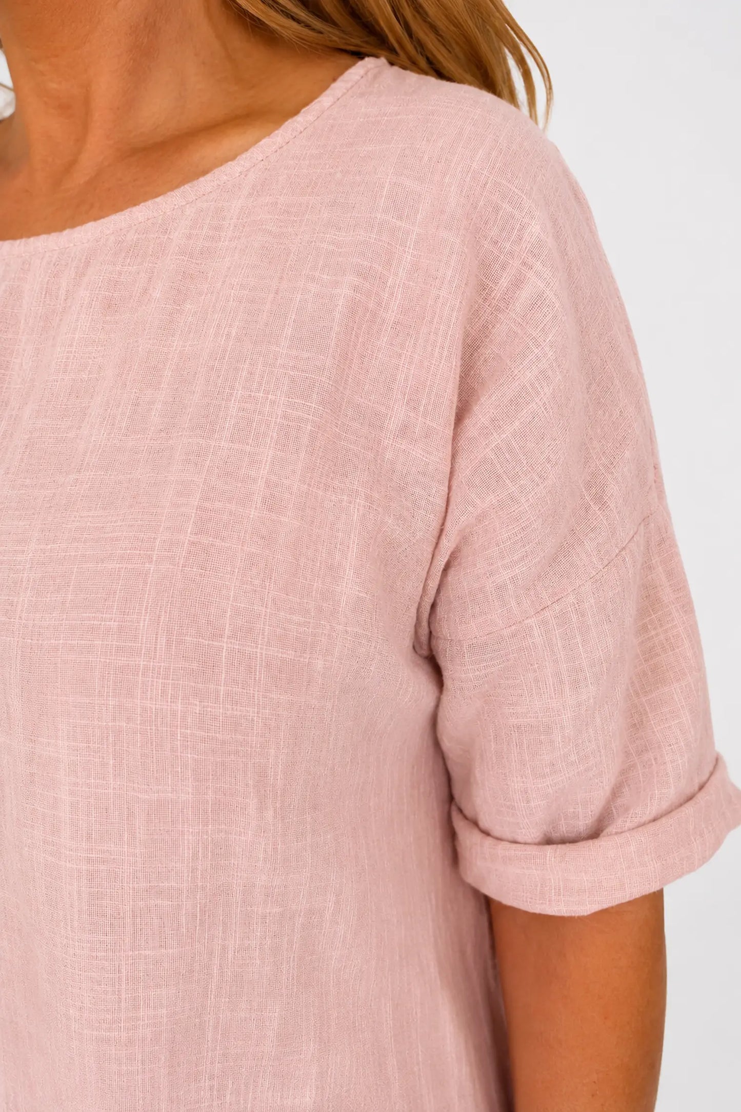 Linen Look Pure Cotton Button Detail Pocket Venice Top - Rosewood Pink