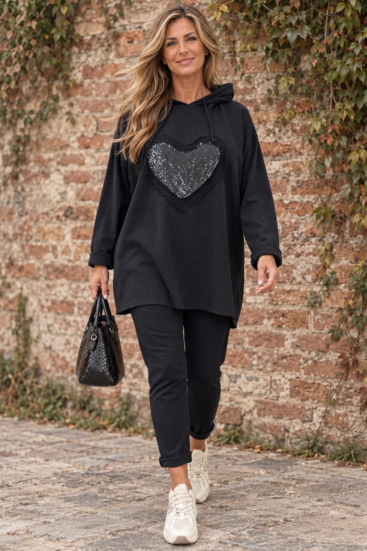 Cotton Sequin Heart Veronica Hoodie - Black