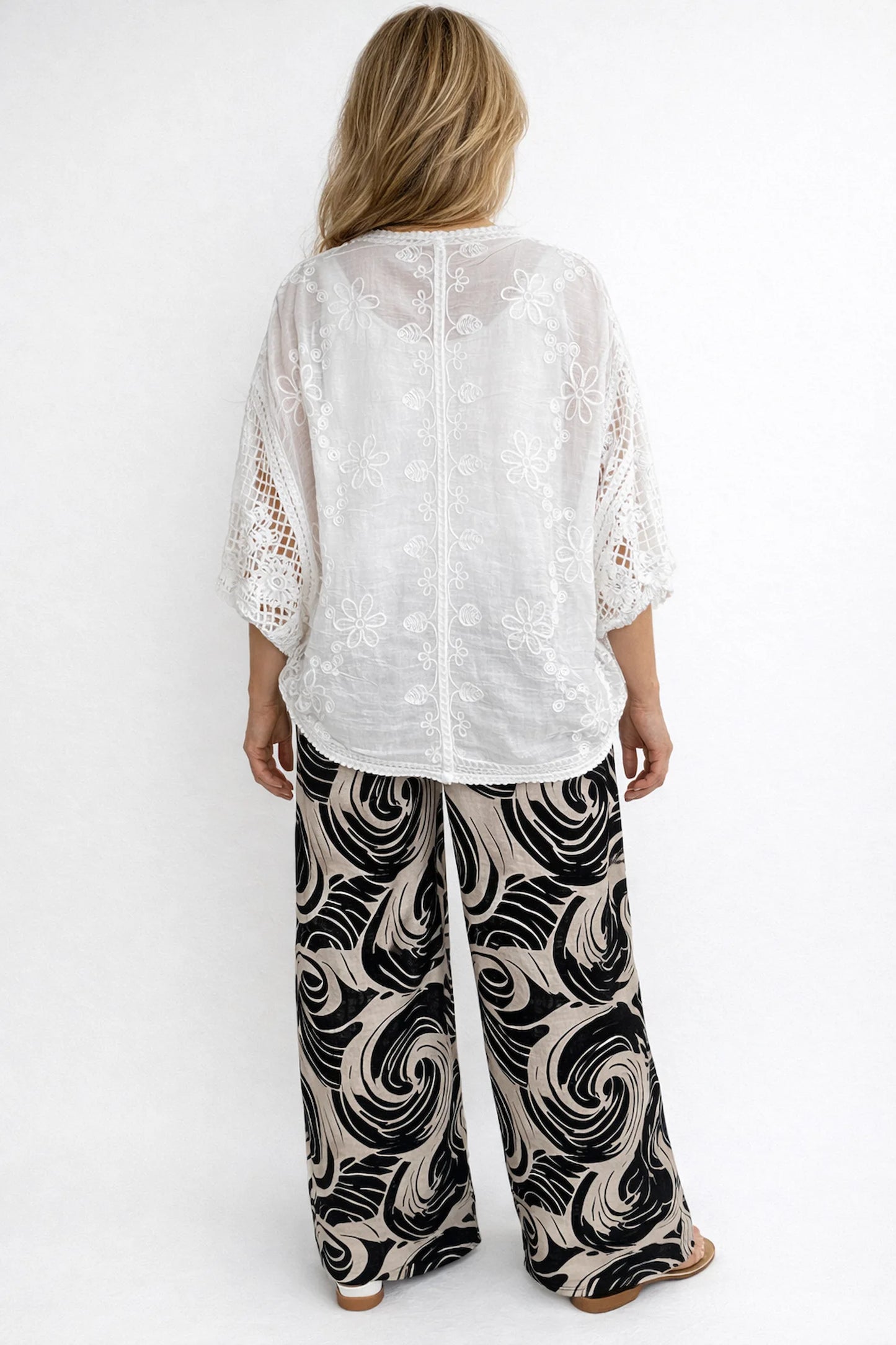 Cotton Sparkle Embroidered Floral Crochet Detail Button Batwing Martina Cardigan - White