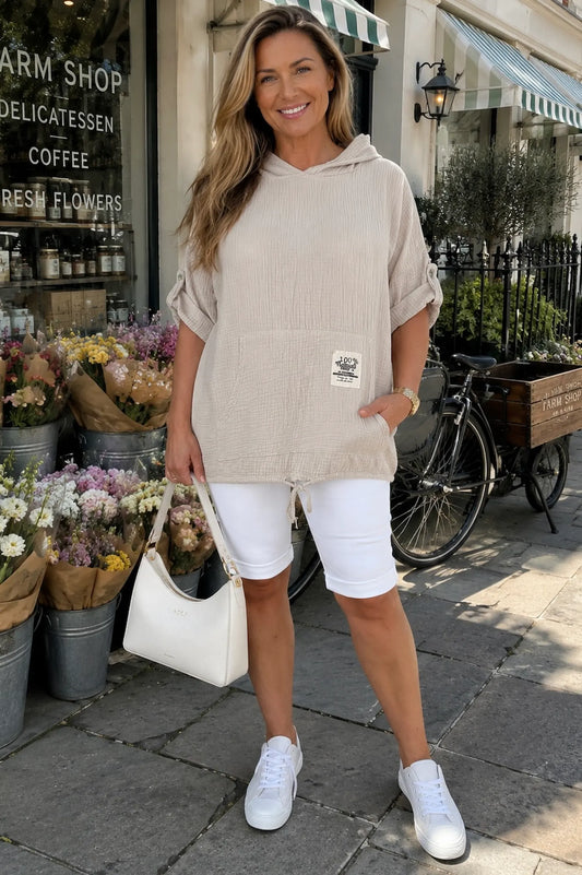 Pure Bubble Cotton Button Sleeve Badge Detail Pocketed Zara Hoodie - Beige