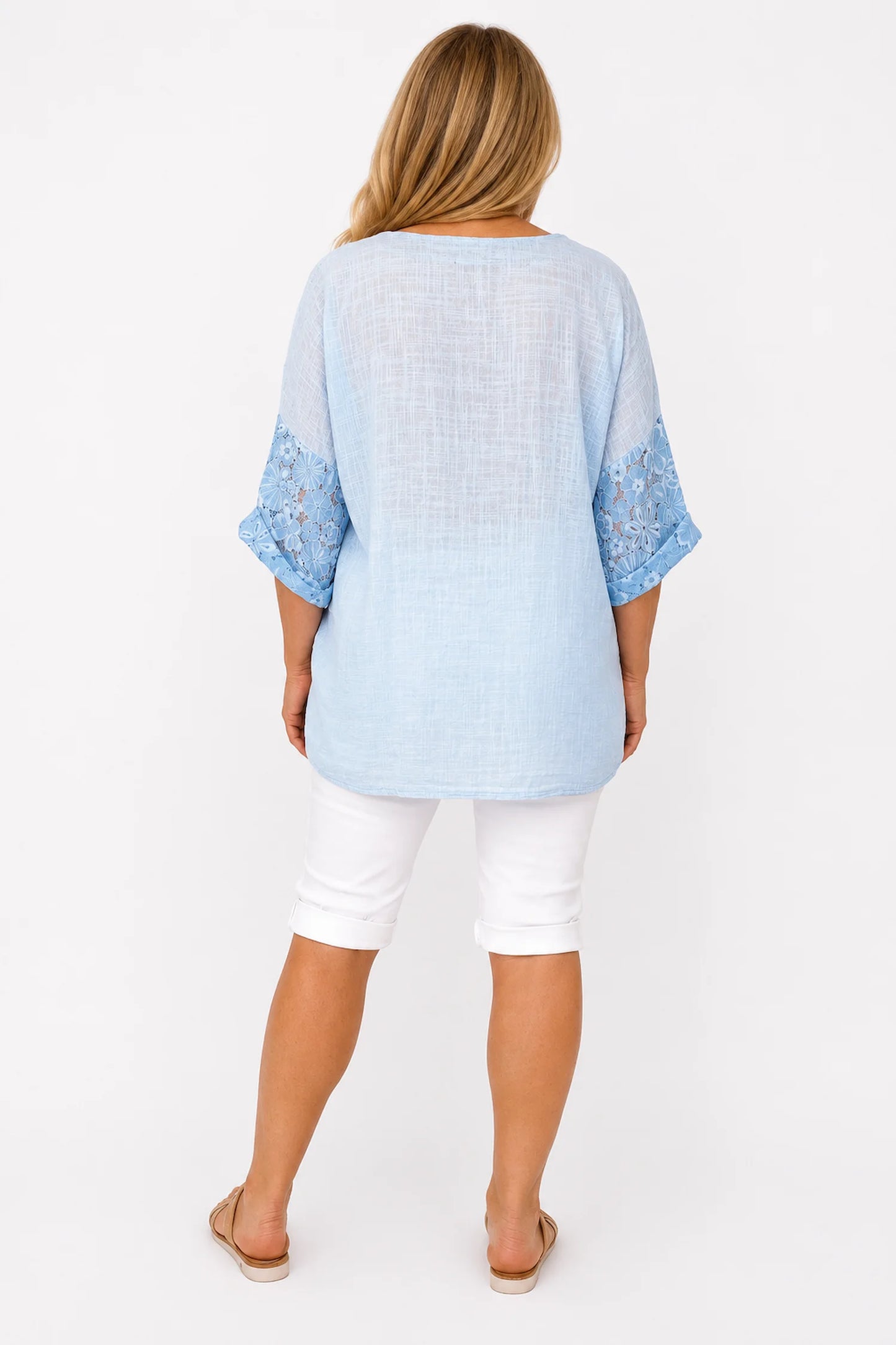 Linen Look Cotton Lace Sleeve Calabri Button Top - Baby Blue