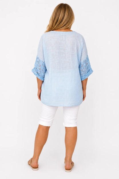 Linen Look Cotton Lace Sleeve Calabri Button Top - Baby Blue