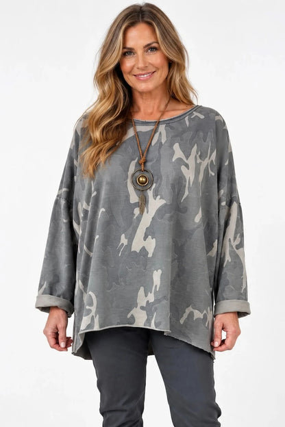 Cotton Raw Edge Hem Catia Camo Necklace Top - Dusty Grey