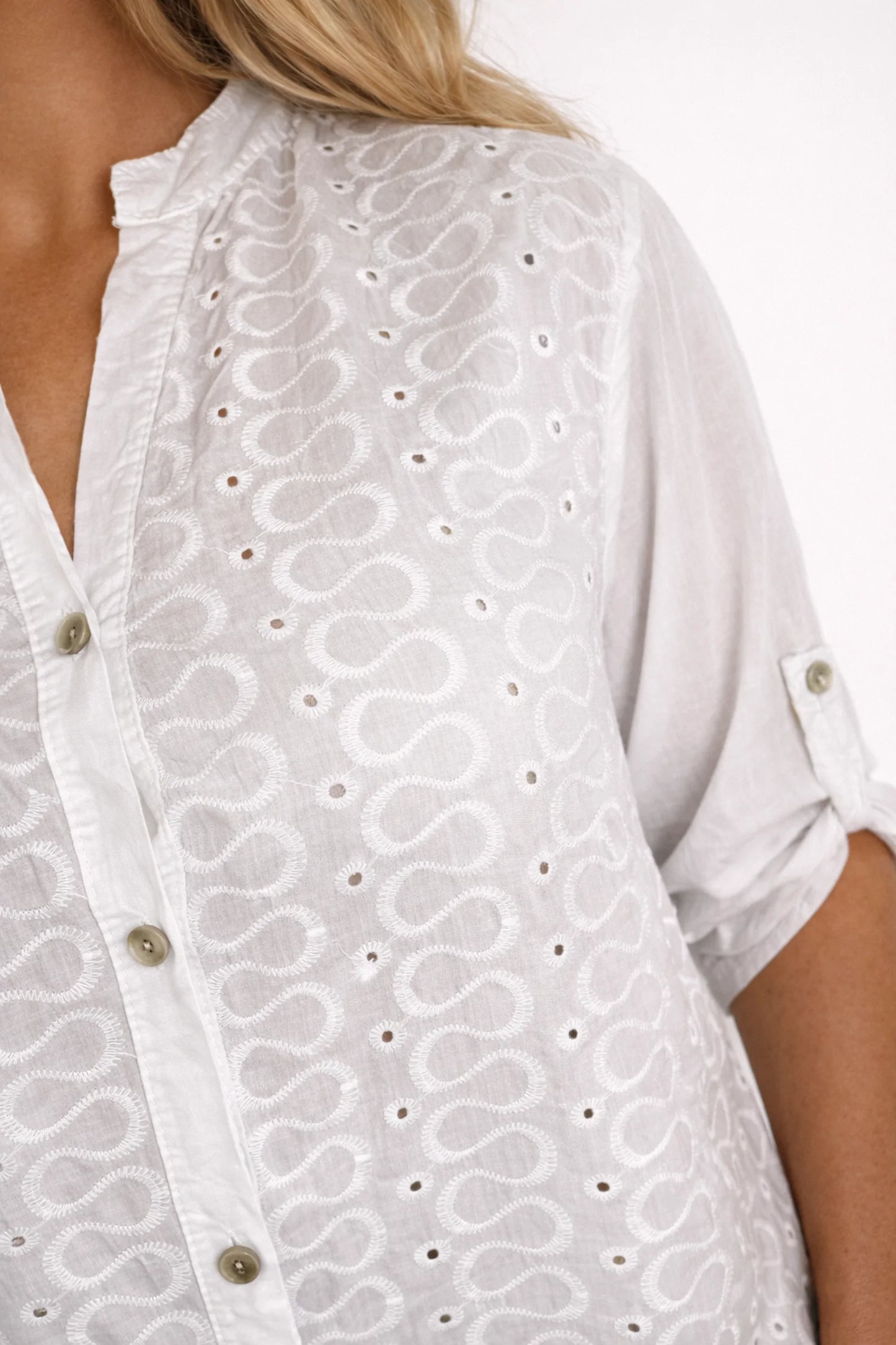 Cotton Button Sleeve Embroidery Anglaise Detail Tatiana Button Shirt - White